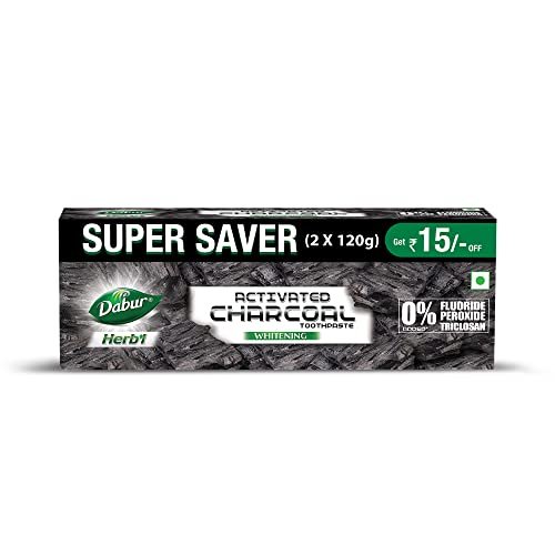 Dabur Herb’L Activated Charcoal Toothpaste 240G (120G X2, Pack Of 2) | Whitening Black Gel Toothpaste | Fluoride Free | Fights Plaque & Extrinsic Stains | With Power Of Mint | Cool & Refreshing Mouth Experience