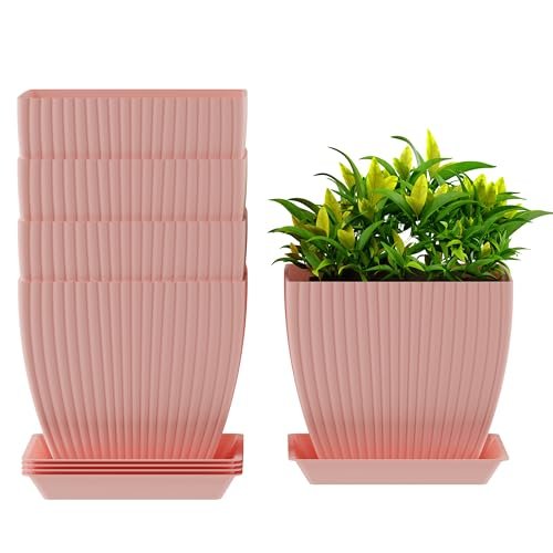 Eluvia 7-Inch Square Planters With Saucers (Set Of 5) – Modern Fluted Flower Pots With Drainage Holes And Trays – Premium Plastic Indoor Outdoor Plant Pots For Succulents, Flowers (Pink)