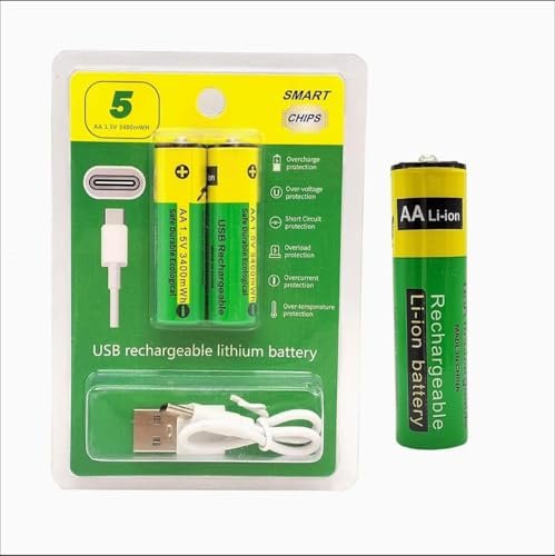 Aa Usb Rechargeable Lithium Battery 1.5V 3400 Mwh With Type C Charging Cable – 2 Pcs Double A Rechargeable Cells With Smart Protection Chip | Long Lasting Power For Remote Toys Clock