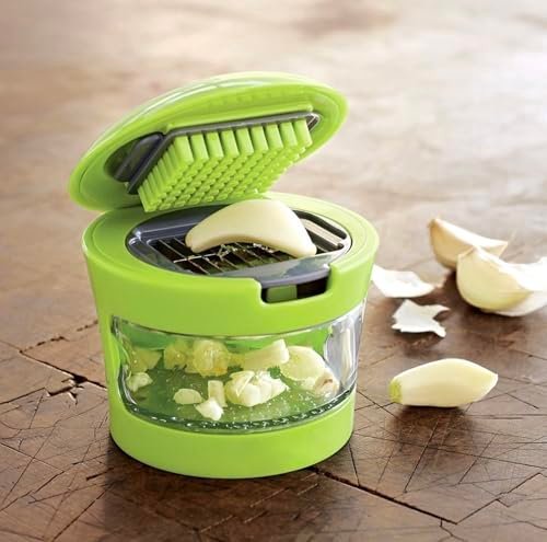 Sprucezone Garlic Chopper, 2PCS Garlic Presses, Stainless Steel Blades Cutter, Crusher, Mincer, and Storage Container – Includes 1PCS mini Brushes – Suitable for Both Home and Camping – (Green)