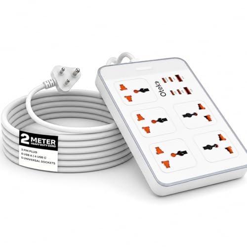 Otek Extension Board With 5 Universal Sockets 6 Usb Ports 4 Type C And 2 Type A Ports 2 Meter Cord 2500W 10A Surge Protector Fire Resistant Abs Body Multiplug Socket With Safety Shutter White