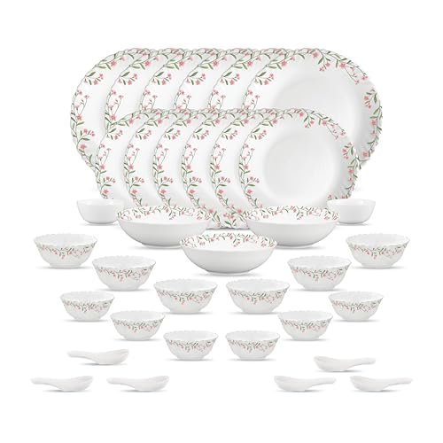 La Opala Opal Glass Crockery | For Family Of 6 | Dinner Set 35 Pcs Spring Meadows | Plates & Bowls For Dining | Microwave Safe | 100% Vegetarian | Extra Strong | Extra Light & White