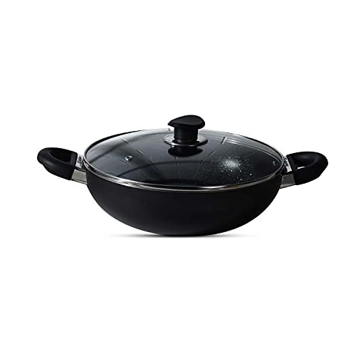 Bergner Essential Plus 5-Layer Non-Stick 20Cm Kadai With Glass Lid, 2.3 L Kadhai, Consumes Less Oil, Bakelite Handles With Comfortable Grip, Quick Heat Distribution, Easy To Clean – Induction Bottom