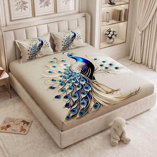 Mollishomes 240 Tc Cotton Double Bedsheet For King Bed (225×250 Cm) | 7D Digital Printed Double Bedsheet With 2 Pillow Covers | Soft, Wrinkle Packaging – Peacock
