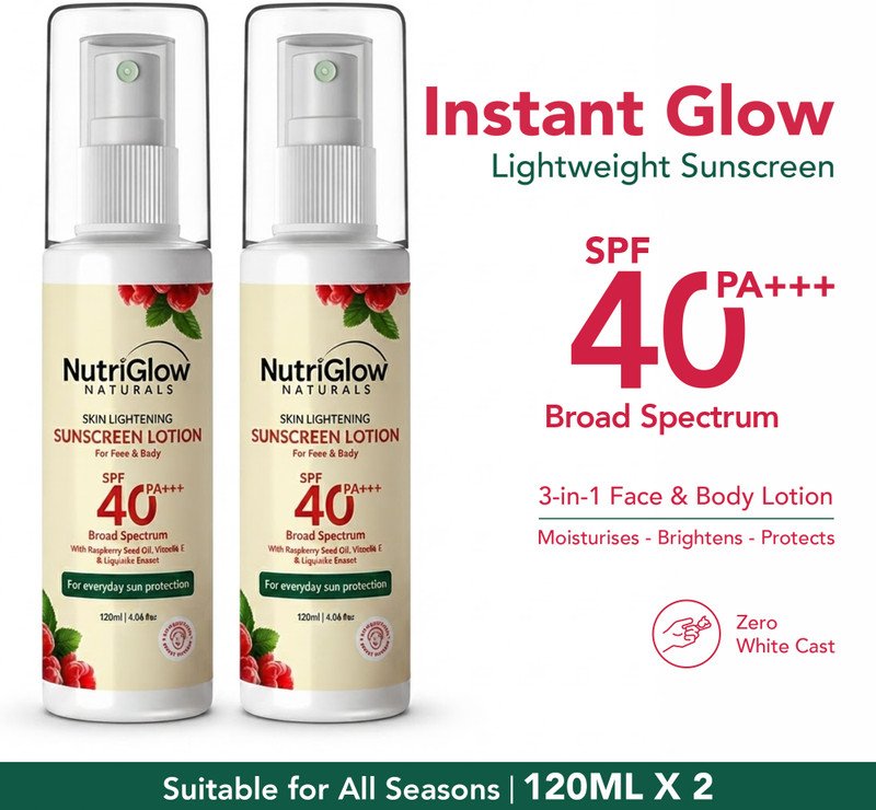 Nutriglow Sunscreen – Spf 40 Pa+++ Sunscreen Fairness Lotion Spf 40 Pa+++, Tan Free Skin,120Ml, Pack Of 2(240 Ml)