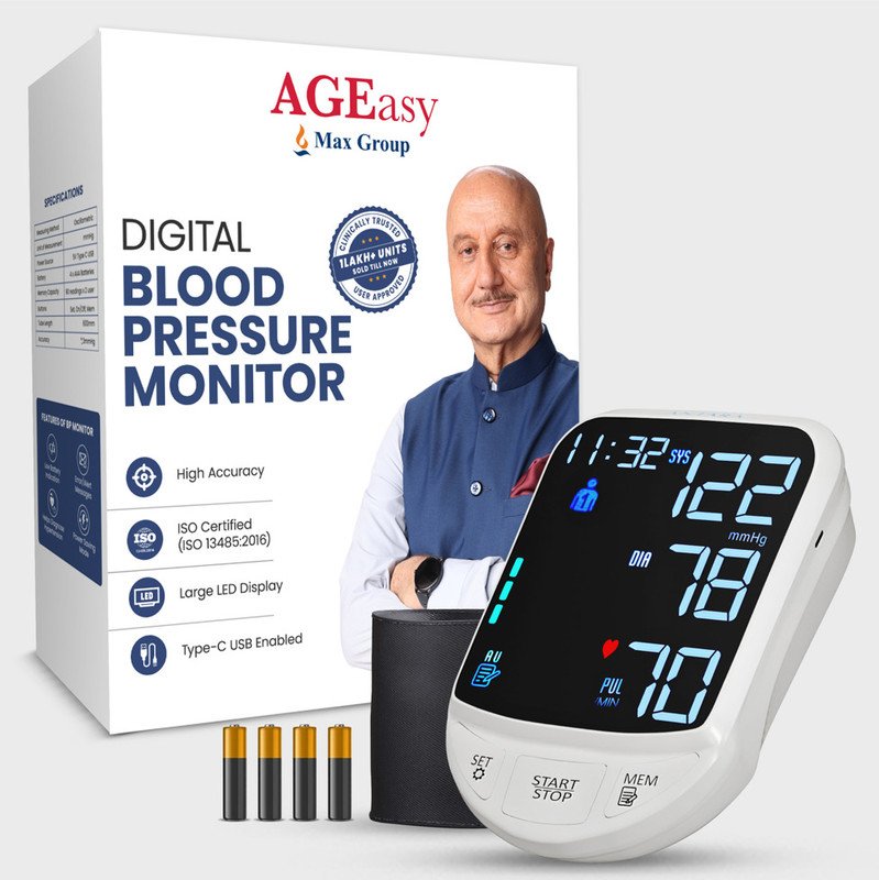 Ageasy (Max Group) Automatic Digital Blood Pressure Machine Usb Type C Battery Powered Bp Monitor(White)
