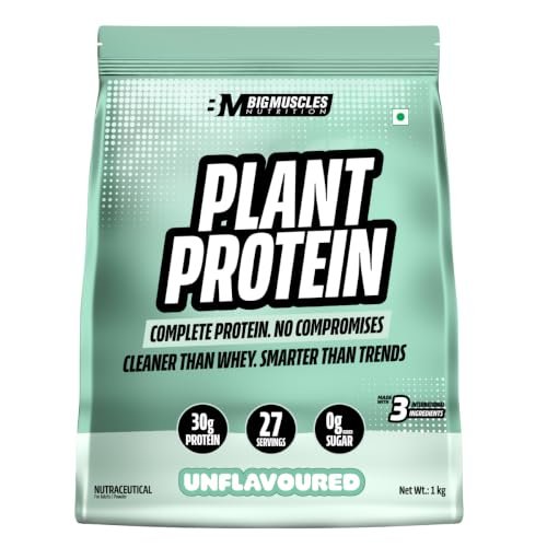 Bigmuscles Nutrition Clean Plant Protein | 30G Pea & Rice Protein Isolate Per Serve (1Kg, Unflavoured) | Complete Amino Acid Profile | Easy Digestion & Non-Chalky