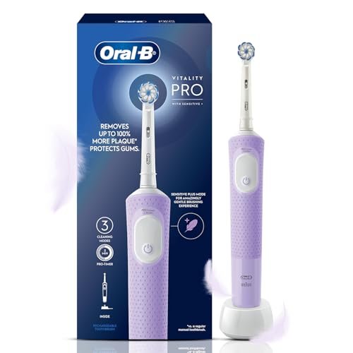 Oral-B Vitality Pro Rechargeable Electric Toothbrush For Adults | 3 Brushing Modes: Daily, Sensitive & Sensitive+ | 2-Min Timer With Quadpacer | Ipx7 Waterproof | 2 Year Warranty | Round Brush Head (Lilac)