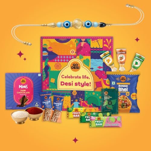Go Desi Rakhi Set For Brother – 18 Items | Fun Gift Box | Evil Eye Stone Rakhi By Japam | Dark Choco Kaju Katli | Roli Chawal Set | Desi Popz | Coconut Barfi | Fruti Twist | Rakhi For Brother| Gifts For Raksha Bandhan | Raksha Bandhan Gift Hamper
