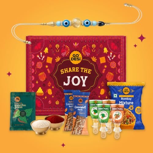 Go Desi Rakhi Set For Brother – 12 Items | Share The Joy Gift Box | Evil Eye Stone Rakhi By Japam | Desi Popz: Tangy Imli, Real Aam, Kaccha Aam | Choco Meetha Paan | Coconut Barfi | Bombay Bhel | Roli Chawal Set | Rakhi For Brother And Bhabhi| Gifts For Raksha Bandhan | Raksha Bandhan Gift Hamper