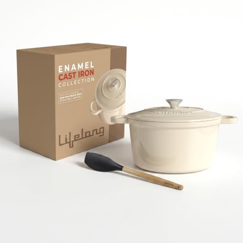 Lifelong Enamel Cast Iron Dutch Oven With Lid (5.6L, 28Cm) | Oven, Gas & Induction Compatible | Slow Cooking, Even Heat Distribution, Nontoxic, Durable, Naturally Nonstick, No Stains & Scratch (Ivory)
