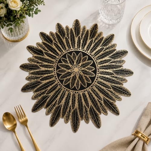 Mvnk Group Black Gold Pvc Table Mat, 15 Inch Round Leaf Design Dining Table Placemat, Waterproof Heat Resistant Wipe Clean Decorative Mat For Dining, Center, Side & Console Table