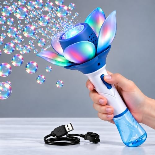 Graphene Automatic Flower Bubble Wand for Girls Boys Magic Bubble Stick Toy Openable Petals LED Lights Princess Bubble Stick Toy Blower Machine Outdoor Party Toy Birthday Gift Kids 3+Years (Blue)