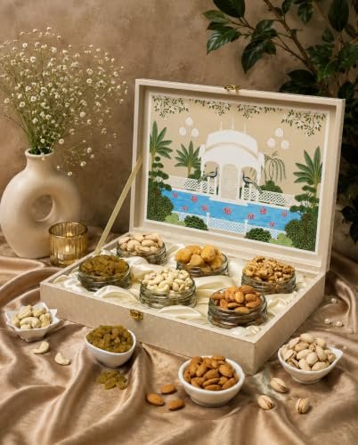 Riwaz Heritage Design Luxury Dryfruits Gift Premium Hamper | 6 Assorted Dryfruits Combo | Almonds, Cashew, Raisins, Pista, Walnuts & Khumani | Perfect for Any Occasion & Corporate Gifting (Large 1)