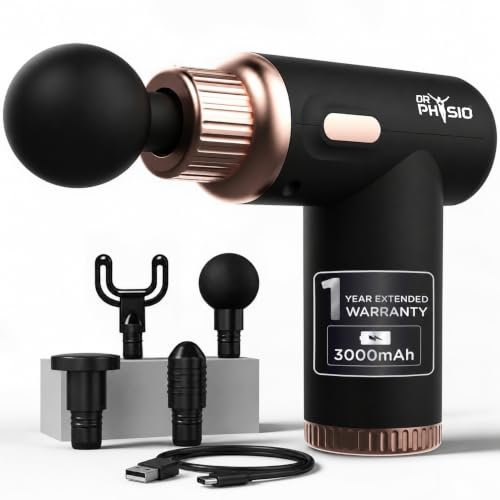Dr Physio USA Dynamo Rechargeable Percussion Massage Gun | 3000mAh Battery | 6 Speed Levels | 4 Removable Heads Electric Full Body Gun Massager, Pain Relief Cordless Deep Tissue Massage Machine – 1034