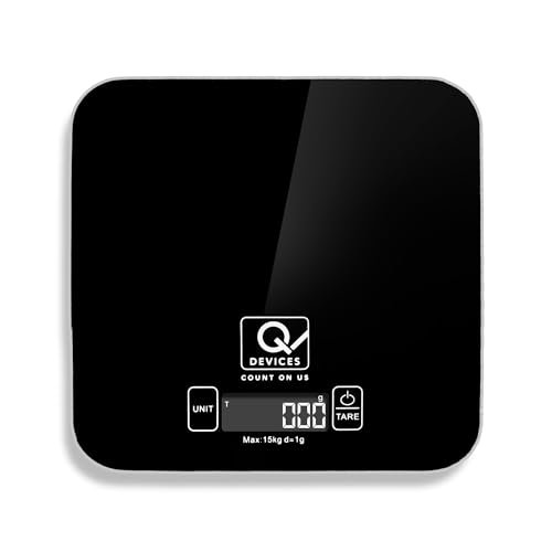 Q DEVICES Digital Kitchen Weight Machine (15kg Capacity, 1 Year Warranty) | High Precision Food Scale with Tempered Glass & LCD Backlit Display | Multi-Unit Electronic Balance for Cooking & Baking