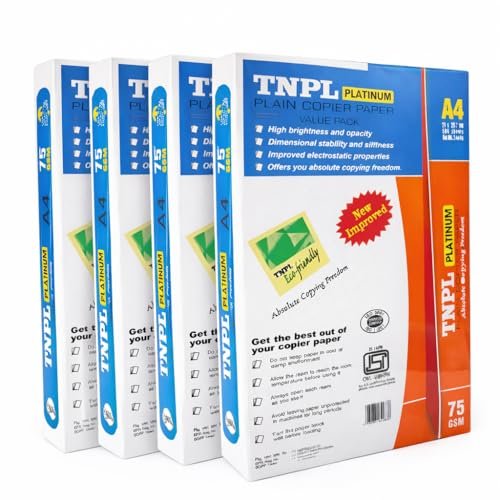 TNPL A4 Copier Paper, 75 GSM, Pack of 4 Reams (2000 Sheets), Office Paper for Printers and Copiers