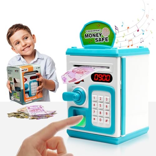 Gooyo GY-3011 Toy Money Bank with Fingerprint Sensor & Password Protection Feature | Money Safe Toy with Sound Effects | Money Saving Toy for Kids | Blue, Power Source : 3xAA Batteries (Not Included)