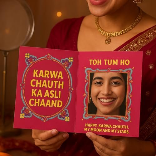 Havnly Karwa Chauth Greeting Card with Mirror – “KARWA CHAUTH KA ASLI CHAAND” | Folded Festive Card for Wife | Premium Matte Finish, Ready to Gift