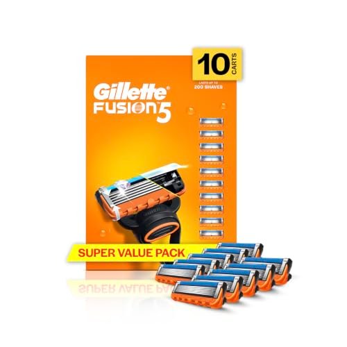 Gillette Fusion 5, Shaving Razor Blades For Men | 10 Cartridge, Super Value Pack | 10 Cartridges Last Up-To 200 Shaves | For Your Perfect Shave And Perfect Beard Shape With Styling Back Blade