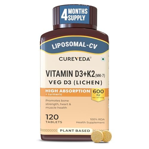 Cureveda Liposomal Vitamin D3 600 IU + Vitamin K2-7 & Turmeric, 120 Tablets | High Absorption, Bone & Heart Support, Promotes Muscle Health & Immunity, 120 Day Pack