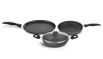 ‎Preethi Daily Collection Non Stick Set, 28 Cm Tawa, 24 Cm Fry Pan, Kadai 24 Cm, With Glass Lid, 5 Star Non Stick Effect, Grey