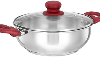 Amazon Brand – Solimo Stainless Steel Heavy Bottom Kadhai With Glass Lid |Three Layer Impact Forged Bottom|Durable|Soft Touch Handles And Knob|2L | Silver
