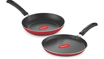 Pigeon Aluminium Nonstick Duo Pack Flat Tawa 250 And Fry Pan 200 Gift Set (Red)