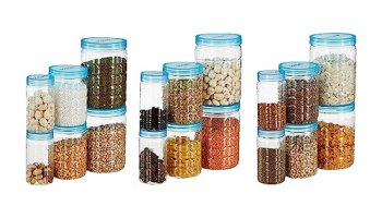 Amazon Brand – Solimo Plastic Checkered Jar Container, Set Of 18 (6 Pcs X 250 Ml Each, 6 Pcs X 500 Ml Each, 6 Pcs X 1000 Ml Each), Blue | Kitchen Organiser | Bpa Free | Stackable