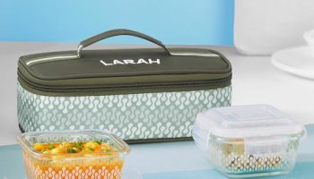 Larah Glassware Gracia Borosilicate Glass Lunchbox With Bag | 2Pc Square Container (320Ml Each), Horizontal | Microwave & Dishwasher Safe, Leakproof | Tiffin For Office, School, College | Green