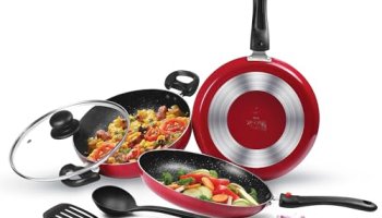 Milton Pro Cook Kitchen Pride Set Of 5 Non Stick Cookware | Non Induction I Cooking Pan, Kadhai With Lid, Tawa, Nylon Laddle & Spatula I Maroon