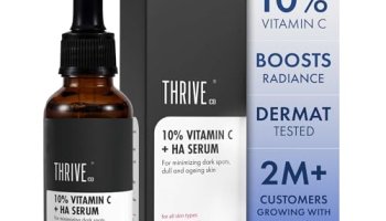 Thriveco 10% Vitamin C Face Serum | Brightens Skin & Helps Reduce Dark Spots | With 33 Kda + 5 Kda Hyaluronic Acid | Boosts Hydration & Glow | For Men & Women | 30 Ml