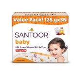 Santoor Baby Bathing Bar Soap With Milk Cream, Saffron, & Almond Oil For Soft & Supple Skin| Gentle & Rich Lathering Formula With Mild Fragrance| 125Gx3