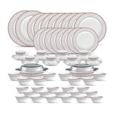 La Opala, Sovrana Collection, Opal Glass Floral Dinner Set 62 Pcs, Moroccan Pink, White