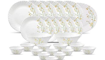 La Opala Diva Classique Collection Opal Glass Crockery | For Family Of 6 | Dinner Set 27 Pcs Citron Weave | Plates & Bowls For Dining | Microwave Safe | 100% Vegetarian | Extra Strong | White