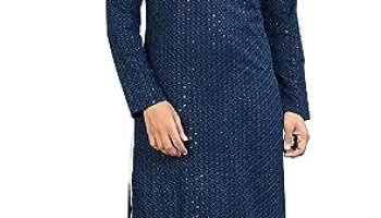 Trustous Georgette Men’S Indian Ethnic Wear Straight Lucknowi Regular Fit Kurta Dark Blue, 2Xl