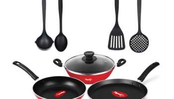 Pigeon Mio Non Induction Base Nonstick Aluminium Cookware Gift Set, Includes Nonstick Flat Tawa, Nonstick Fry Pan, Kitchen Tool Set, Nonstick Kadai With Glass Lid, 8 Pieces Kitchen Set (Red)