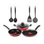 Pigeon Mio Non Induction Base Nonstick Aluminium Cookware Gift Set, Includes Nonstick Flat Tawa, Nonstick Fry Pan, Kitchen Tool Set, Nonstick Kadai With Glass Lid, 8 Pieces Kitchen Set (Red)