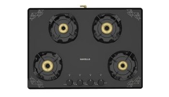 Havells Nucleus Slim Gas Stove |4 Heavy Duty Forged Brass Burner|8 Mm Toughened Glass|Premium Valves|Removable Drip Tray|Soft Touch Knobs|5 Year Warranty On Burners, Glass & Valves By Havells (Black)