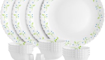 Cello Pack Of 22 Opalware Tropical Lagoon |Crockery Set | Dinner Set(Green, White, Microwave Safe)