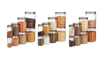 Amazon Brand – Solimo Plastic Checkered Jar Container Set Of 24, 2000Ml, 1000Ml, 500Ml, 250Ml, Transparent, Black