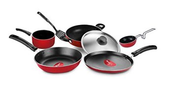 Pigeon Favourite 7 Piece Gift Set Non-Stick Coated Comes With Fry Pan, Kadhai, Lid, Sauce Pan, Spatula, Tadka Pan And A Tawa – Gas Stove Compatible (Red)
