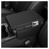 Car Armrest Cover With Memory Foam Padding, Quilted Surface, Side Pocket And Strap Attachment
