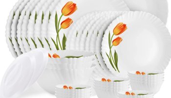 Cello Pack Of 47 Opalware Dazzle Series Spring Tulip Crockery Set |Dishwasher Safe |Light-Weight Dinner Set(White, Microwave Safe)