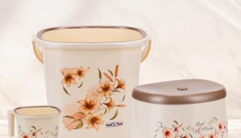 Nayasa Plastic Sqr Dlx 3 Pcs Bathroom Set | Bucket 18 L + Mug 1.5 L + 508 Dlx Stool | Bathroom Set | Bath Set For Bathroom | Off – White