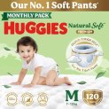 Huggies Natural Soft Premium Baby Diaper Pants, Our No.1 Soft Pants, Medium (M) Size (7-12 Kgs), Monthly Pack Of 120 Diapers | Cloud Softness All Over With India’S 1St Cloud Touch Belttm