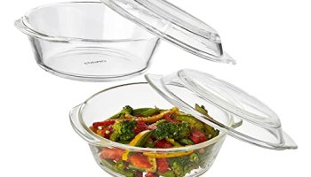 Amazon Brand – Solimo Set Of 2 Borosilicate Glass Casserole-Cum-Serving Bowl With Lid | Microwave & Oven Safe| Deep Round | 650 Ml Each| Transparent