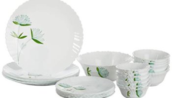 Borosil Opalware Fluted Lily Dinner Set (Green, White) -25 Pieces