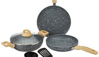 Amazon Basics Granite Finish Non Stick 5 Pcs Induction Base Cookware Set-Granito Grey (24Cm Fry Pan, 24 Cm Kadai, 28Cm Tawa And 2 Nylon Spatulas)