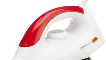 Amazon Basics 1000 Watts Dry Iron With Non-Stick Soleplate | Stainless Steel Base | Ergonomic | Red And White